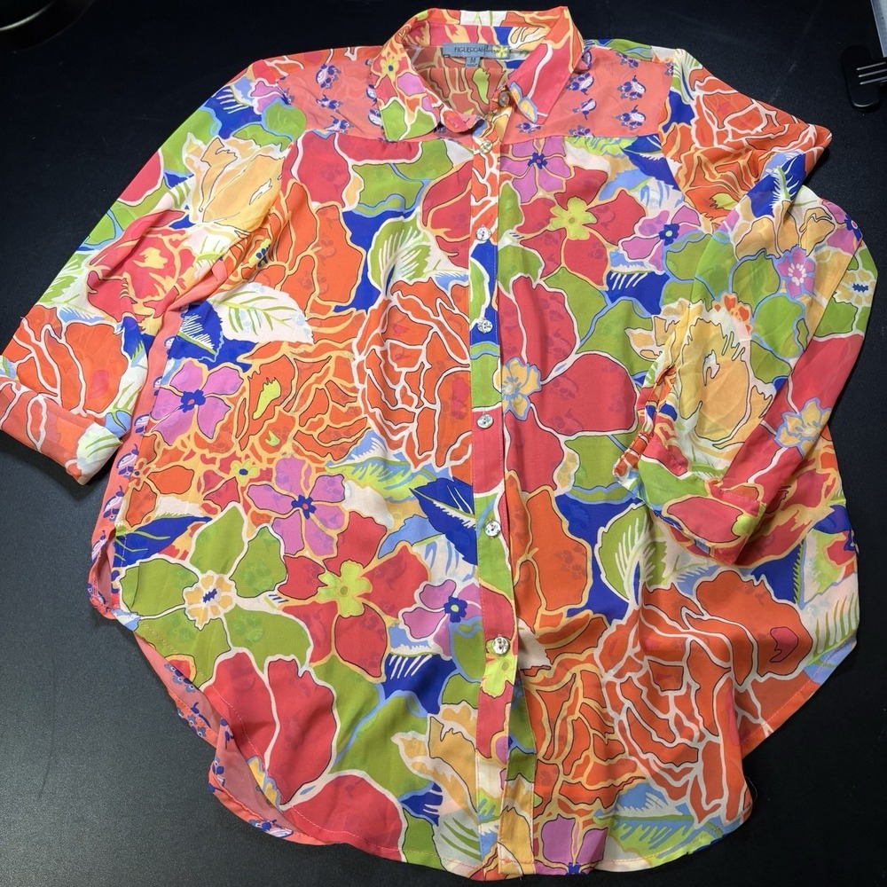 Figueroa Flower Women's‎ Top Sz Medium Semi-sheer Floral Blouse Boho Cottage